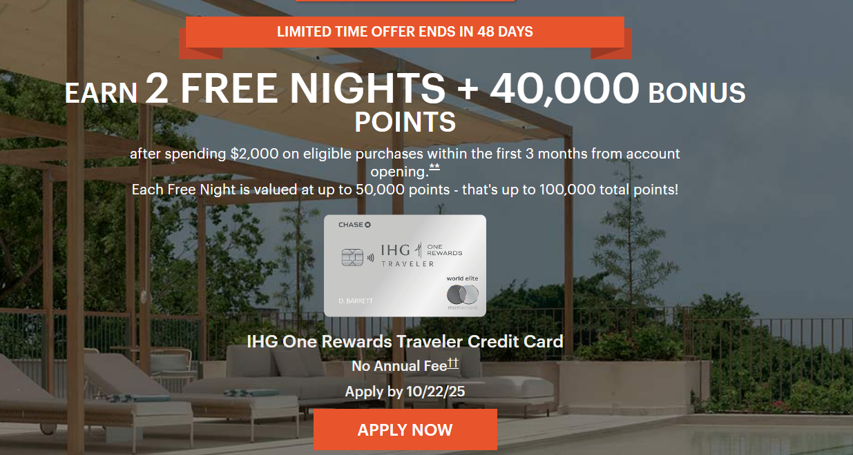 IHG One Rewards Traveler Card Bonus: Earn 2 Free Nights + 40,000 Bonus Points
