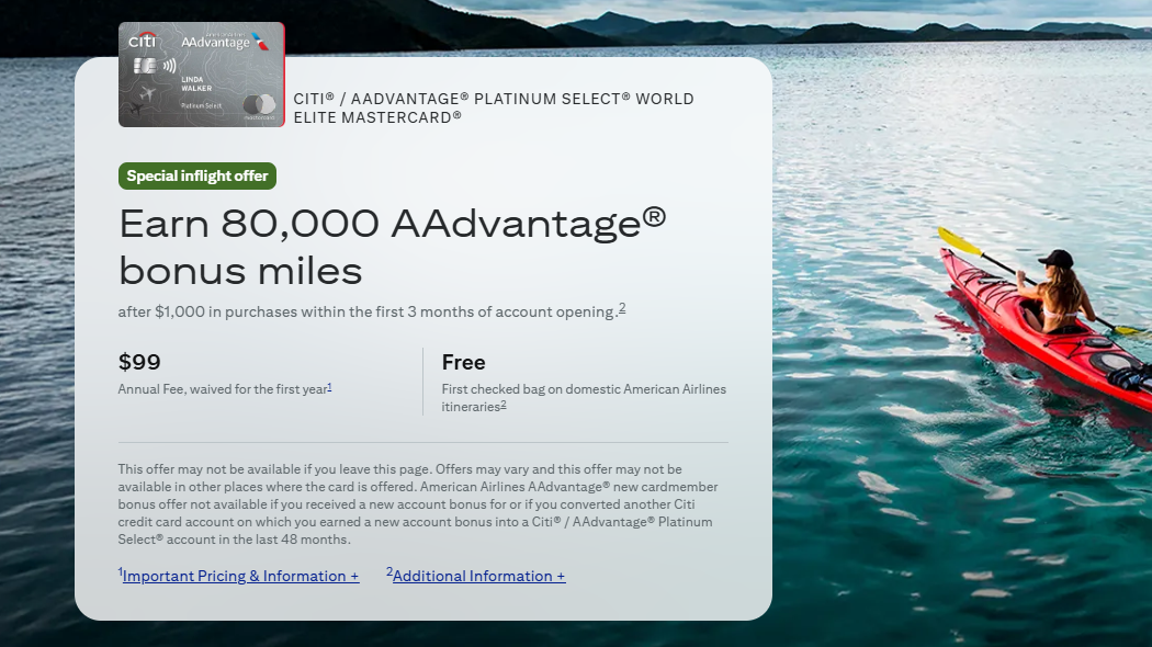 Citi AAdvantage Platinum Select Card, 80K Bonus with $1K Spend Requirement & Waived Fee