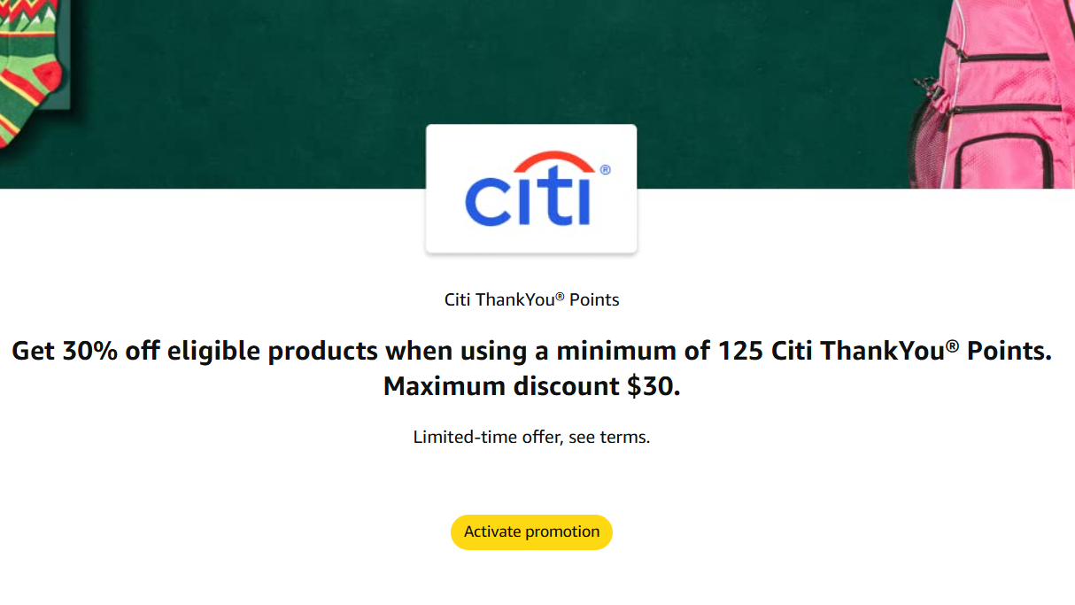 Amazon Shop with Points, Save 30% (Up to $30 Off) with Citi Cards